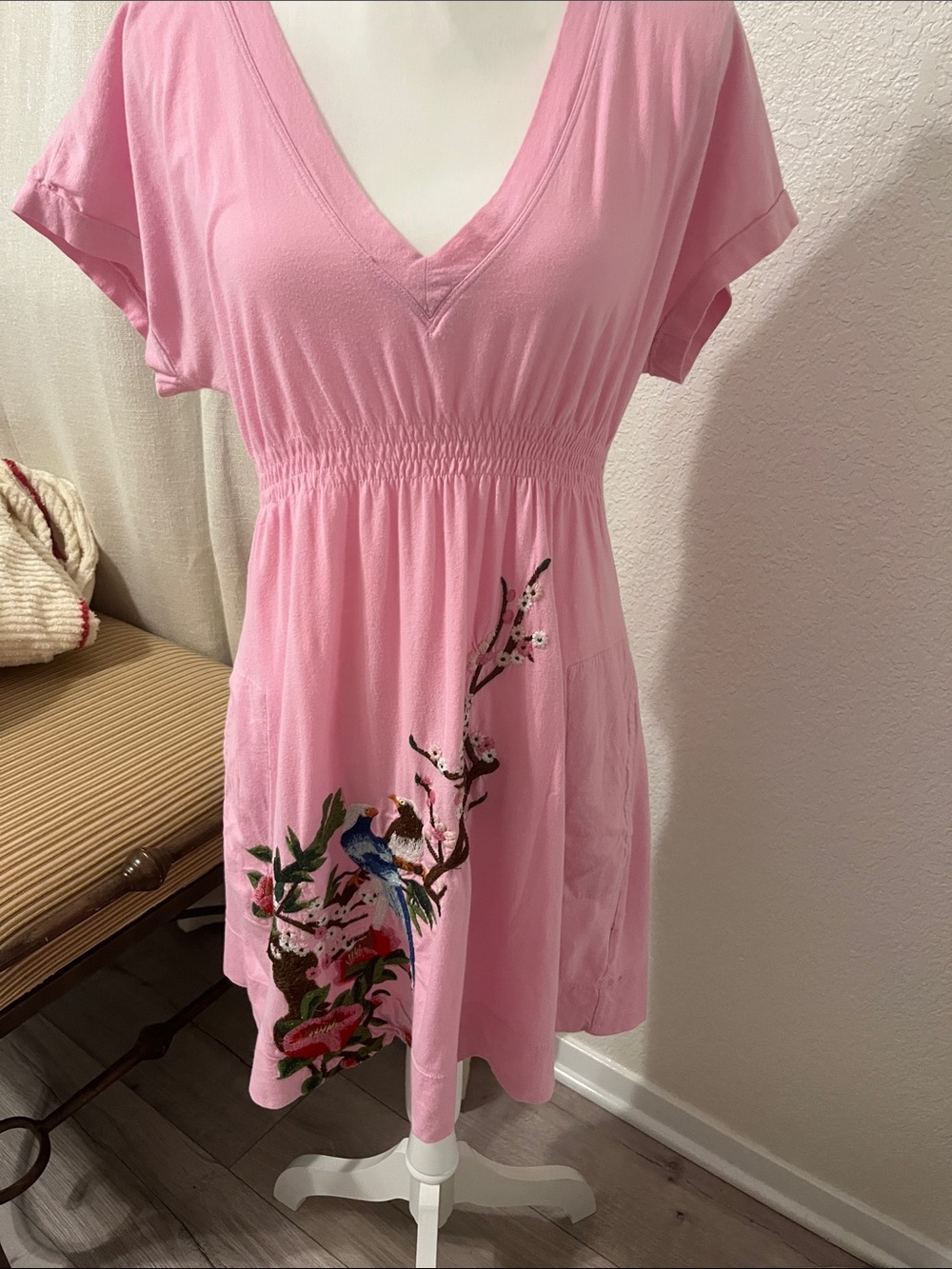 Johnny Was Pink V-Neck Mini Dress with Embroidered Bird Motif